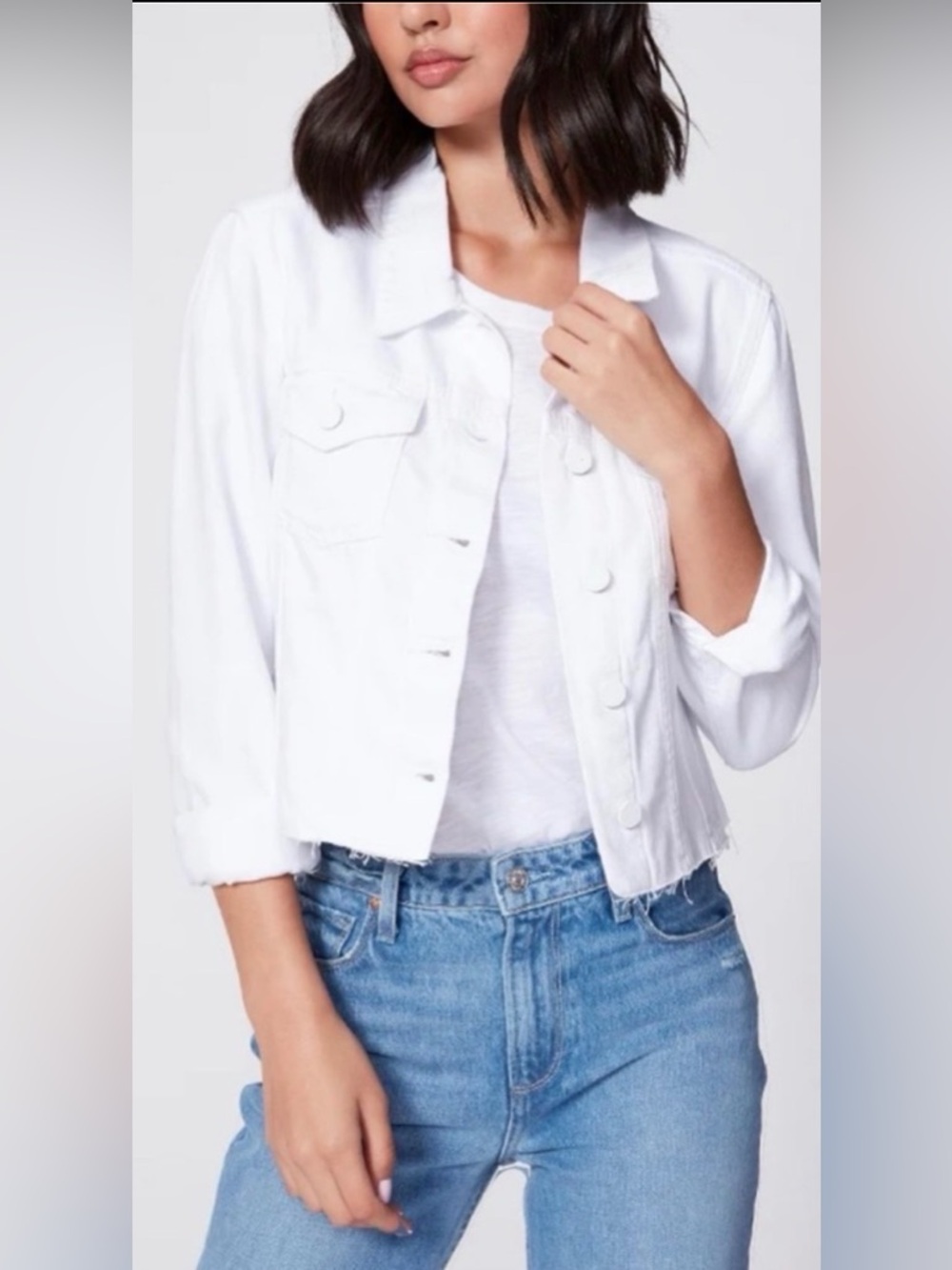 Paige White Denim Jacket Relaxed Fit Raw Hem S | Cropped Minimal Spring Summer